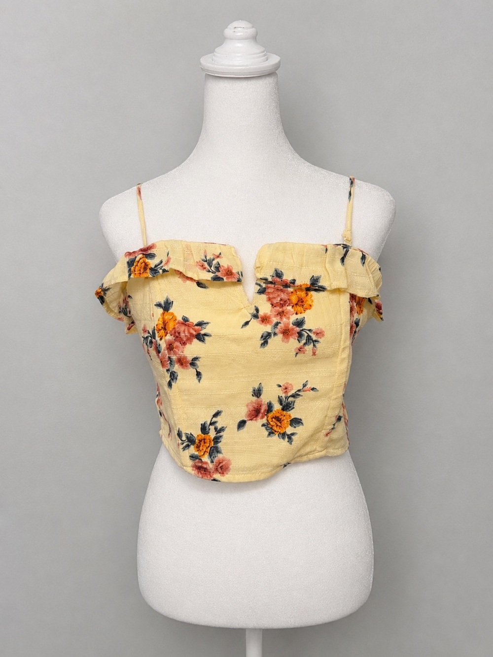 American Eagle Floral Crop Top Medium Yellow Off Shoulder Adjustable Strap Boho